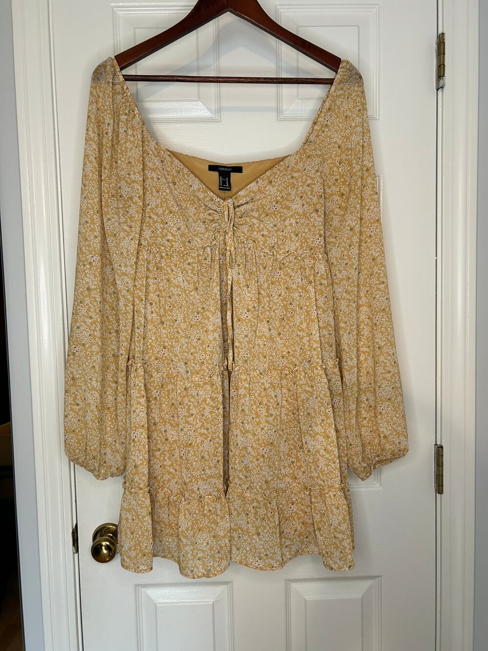 Forever 21 Womens M Mustard Floral Tie Front Long Sleeve Tiered Mini Dress Boho